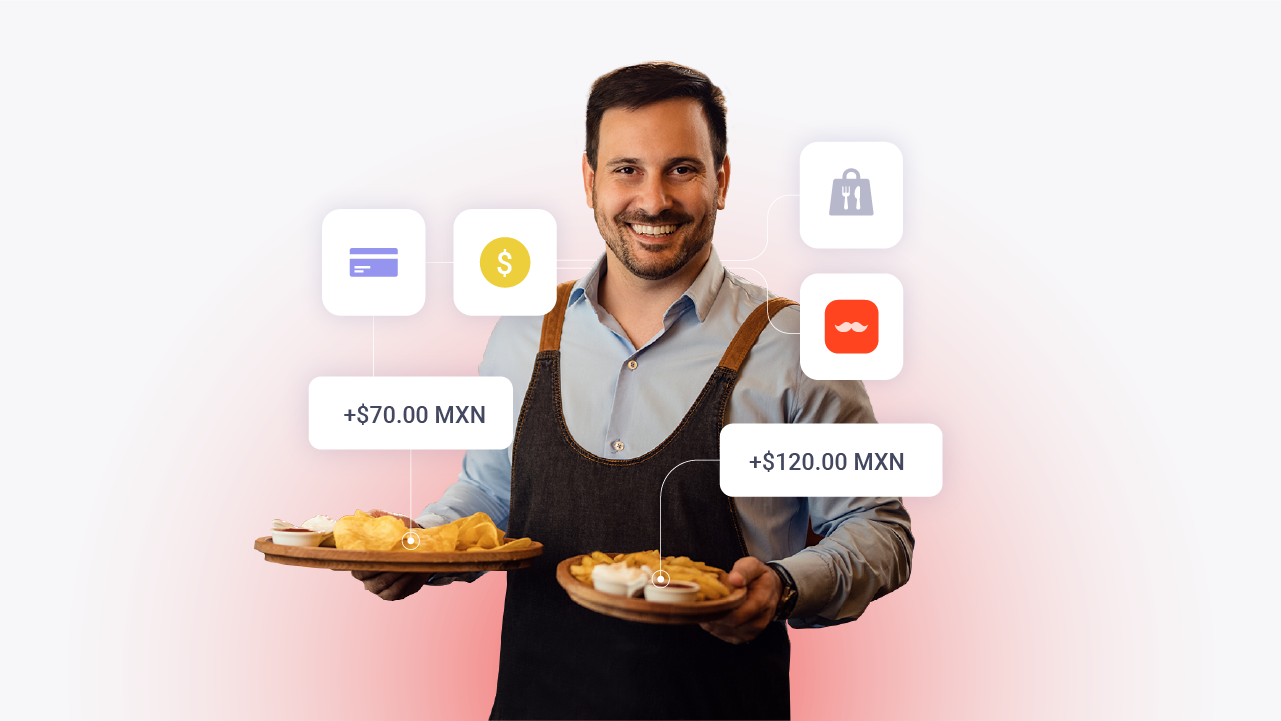 Camarero con platos conectados a la Calculadora de Utilidad de Parrot, mostrando ganancias en Delivery Apps.
