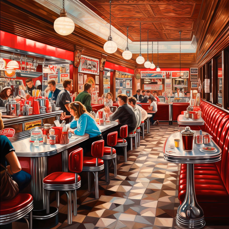 Diner del s. XX, asientos rojos, camarero haciendo malteadas y clientes disfrutando la atmósfera animada.