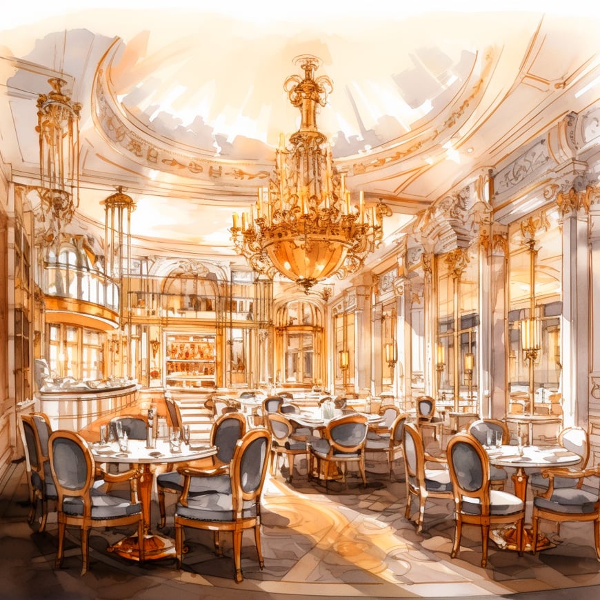 Restaurante parisino iluminado del s. XVIII, elegancia, "restaurer", camarero con menú y arte culinario en detalle.