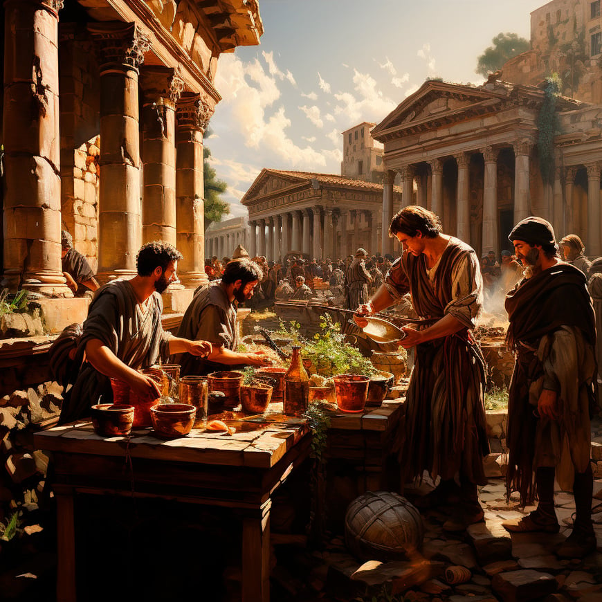 Vista del thermopolium romano, con calles empedradas, aroma a pan fresco, especias exóticas y comerciante negociando precios.